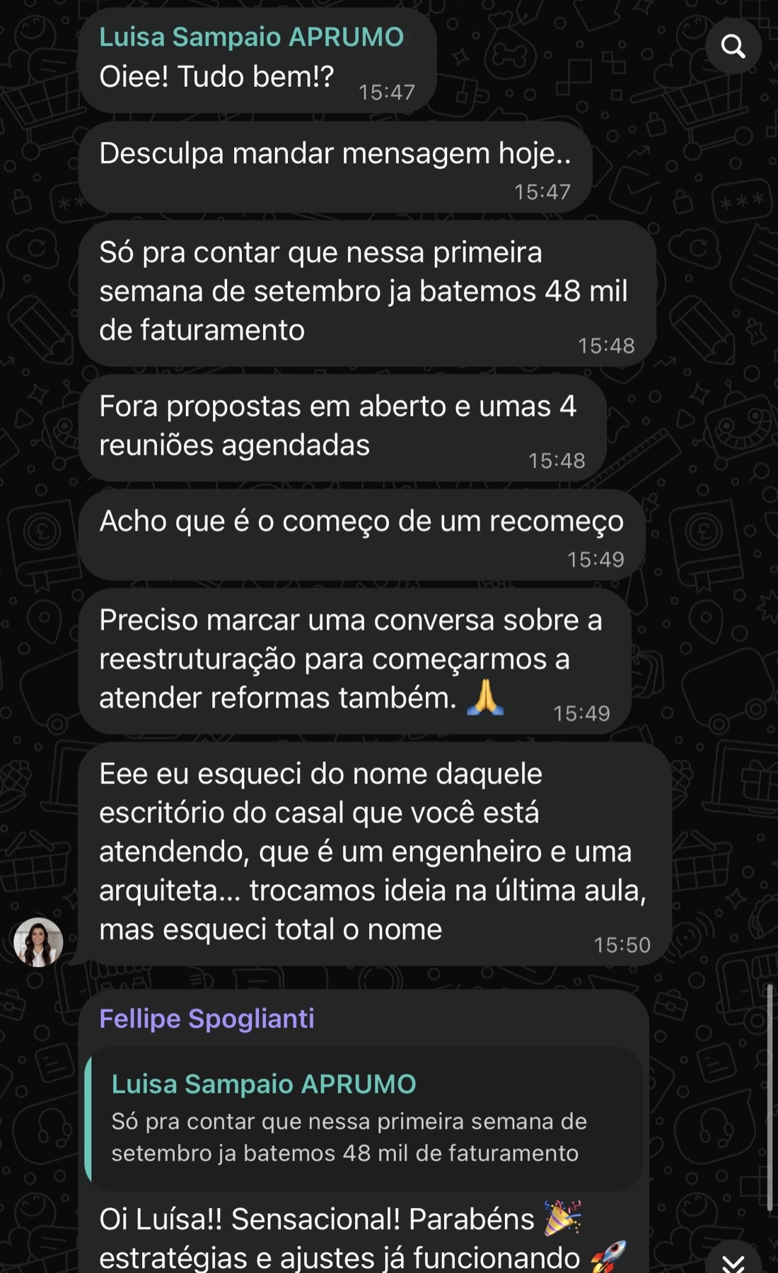Conversa completa com Luisa sobre o faturamento de R$ 48 mil na primeira semana de setembro, propostas abertas, reuniões agendadas e a reestruturação do negócio
